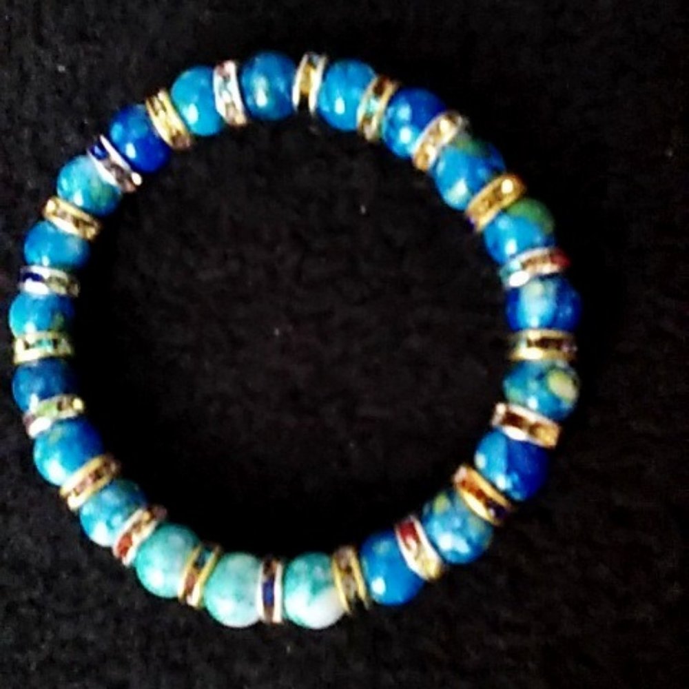 Bracelet Twilight Blue Beads Silver/Gold Rhinestones Stretch Handcrafted New